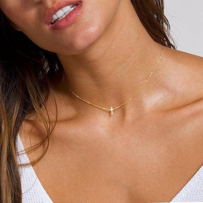 VIROMY Gold Cross Necklace for Women 14K Gold Plated Cute Sidways Cross Pendant Choker Necklaces Simple Trendy Everyday Jewelry for Women - Image 2